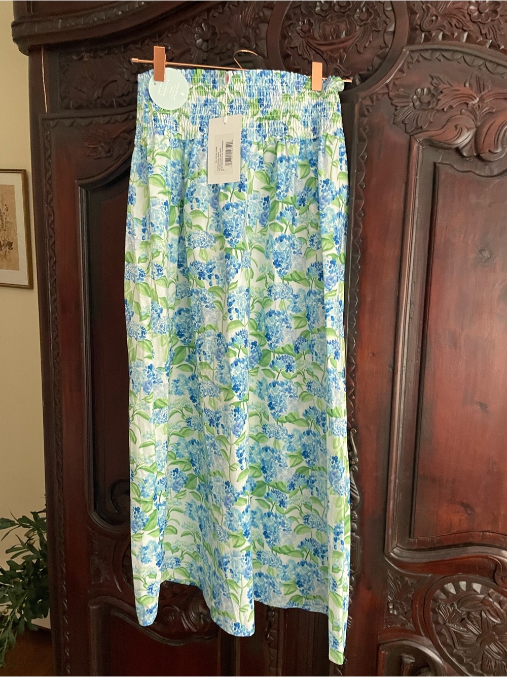 Hill House Blue Floral Maxi Skirt with Green Leaf Print
